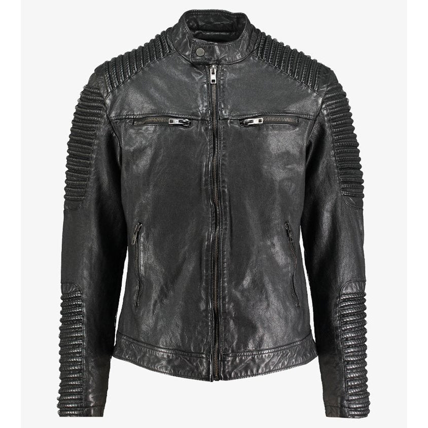 Mens Black Distressed Leather Moto Biker Jacket - Leather Loom