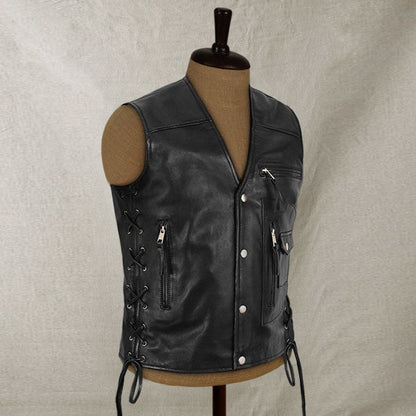 Mens Traditional Biker Black Leather Vest - Leather Loom