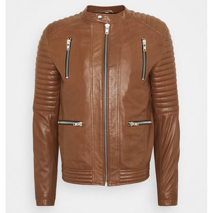 Mens Tan Brown Leather Biker Jacket - Leather Loom