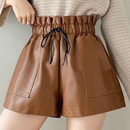 High Waisted Wide Leg Dark Brown Leather Shorts for Women - Leather Loom