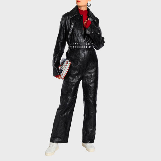 Elite Textured Black Leather Women's Jumpsuit - Leather Loom