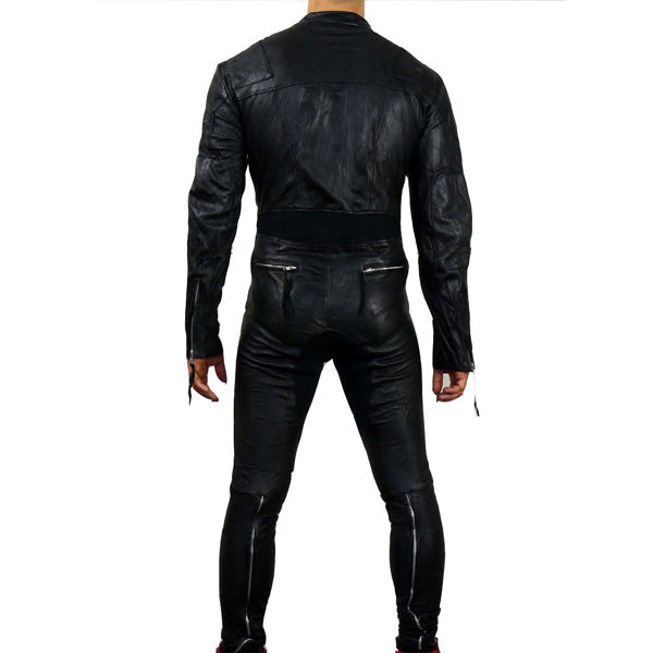 Fabric Insert Men Designer Style Leather Jumpsuit - Leather Loom