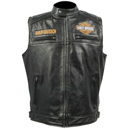 Harley Davidson Men's Black Biker Motorcycle Genuine Leather Vest - Leather Loom