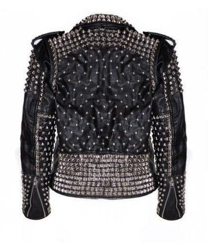 Men's Biker Silver Studded Black Leather Jacket