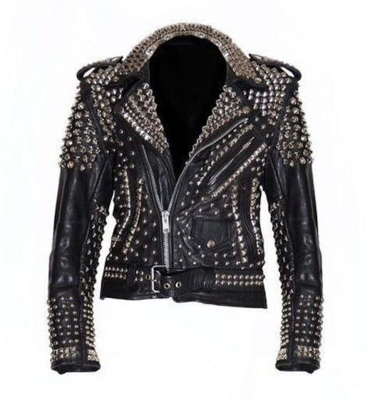 Men's Biker Silver Studded Black Leather Jacket