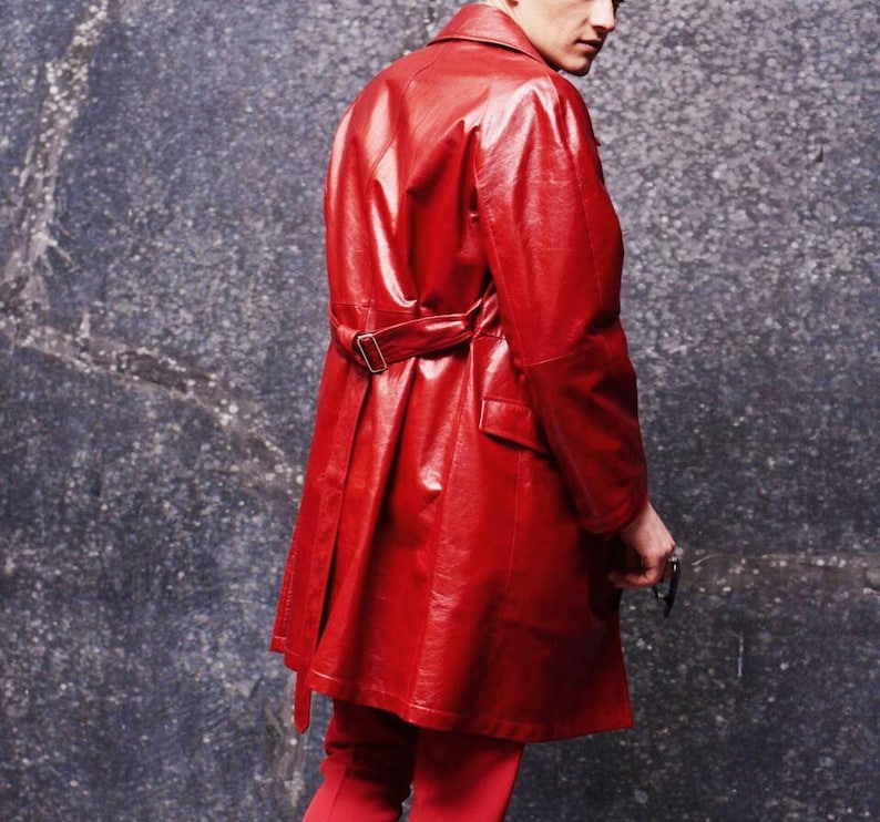 Men's Red Soft Real Leather Trench Coat - Leather Loom