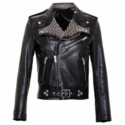 Men Black Leather Studded Jacket