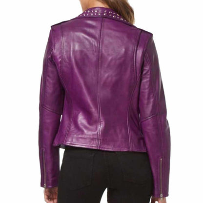 Women Purple Leather Studded Jacket