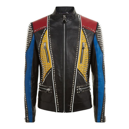 Men Multi color Studded Leather Jacket