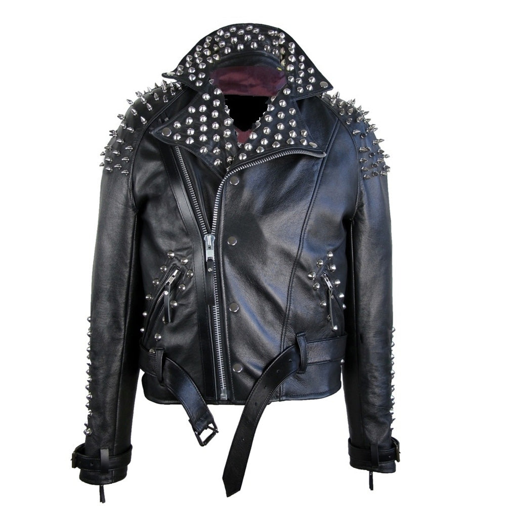 Men Black Half Spiked Leather Jacket