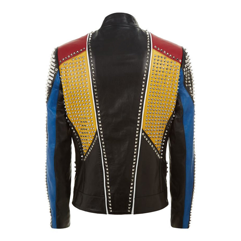 Men Multi color Studded Leather Jacket