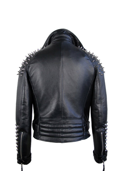 Men Black Half Spiked Leather Jacket