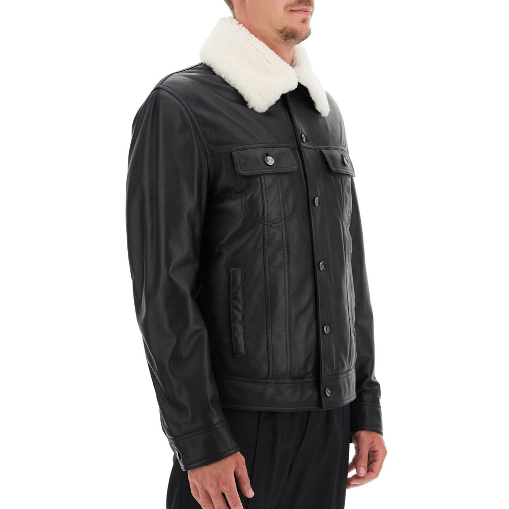 Men Black Lambskin Trucker Style Aviator Jacket - Leather Loom
