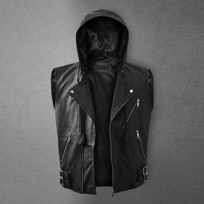 Men's Black Asymmetrical Biker MC Club Leather Hooded Vest - Leather Loom