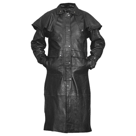Men Black Leather Duster with Removable Cape - Leather Loom