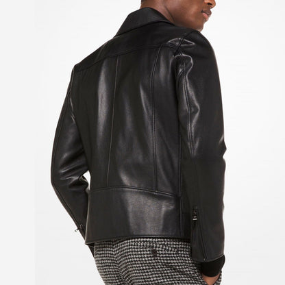Men Black Grained Leather Biker Jacket - Leather Loom