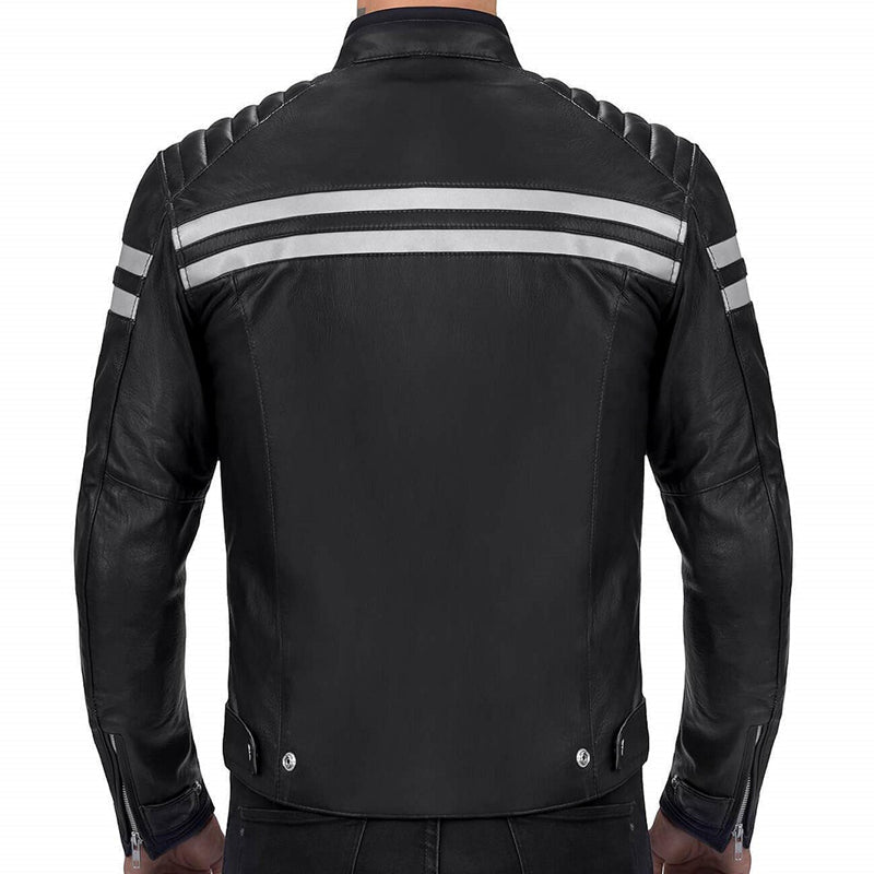 Men Black Jacket With White Strips - Leather Loom