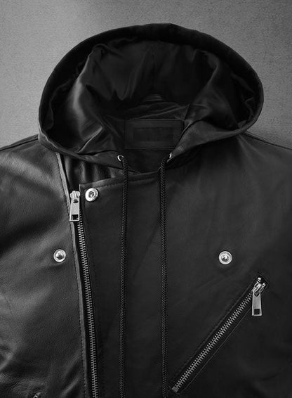 Men's Black Asymmetrical Biker MC Club Leather Hooded Vest - Leather Loom