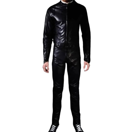 Mens Biker style real sheepskin black motorcycle leather jumpsuit - Leather Loom