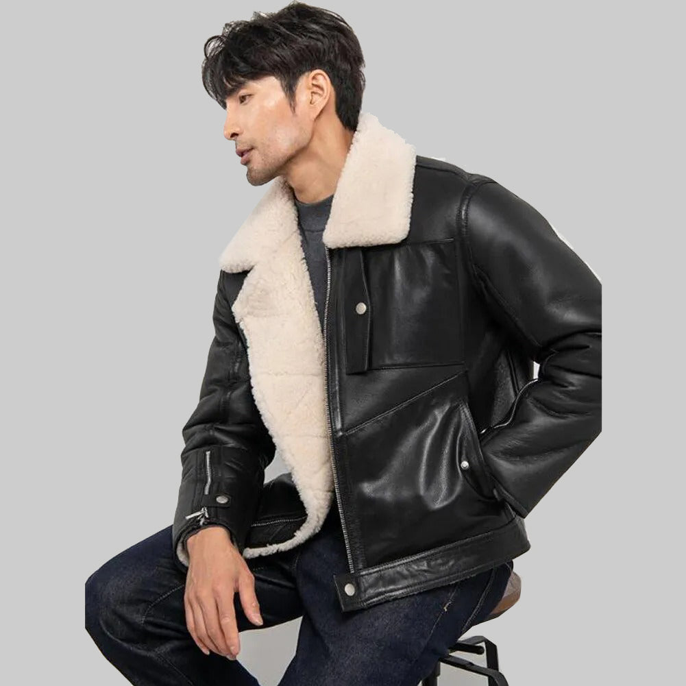 Men's Black Aviator Sheepskin Shearling Jacket - Warm Winter Coat - Leather Loom