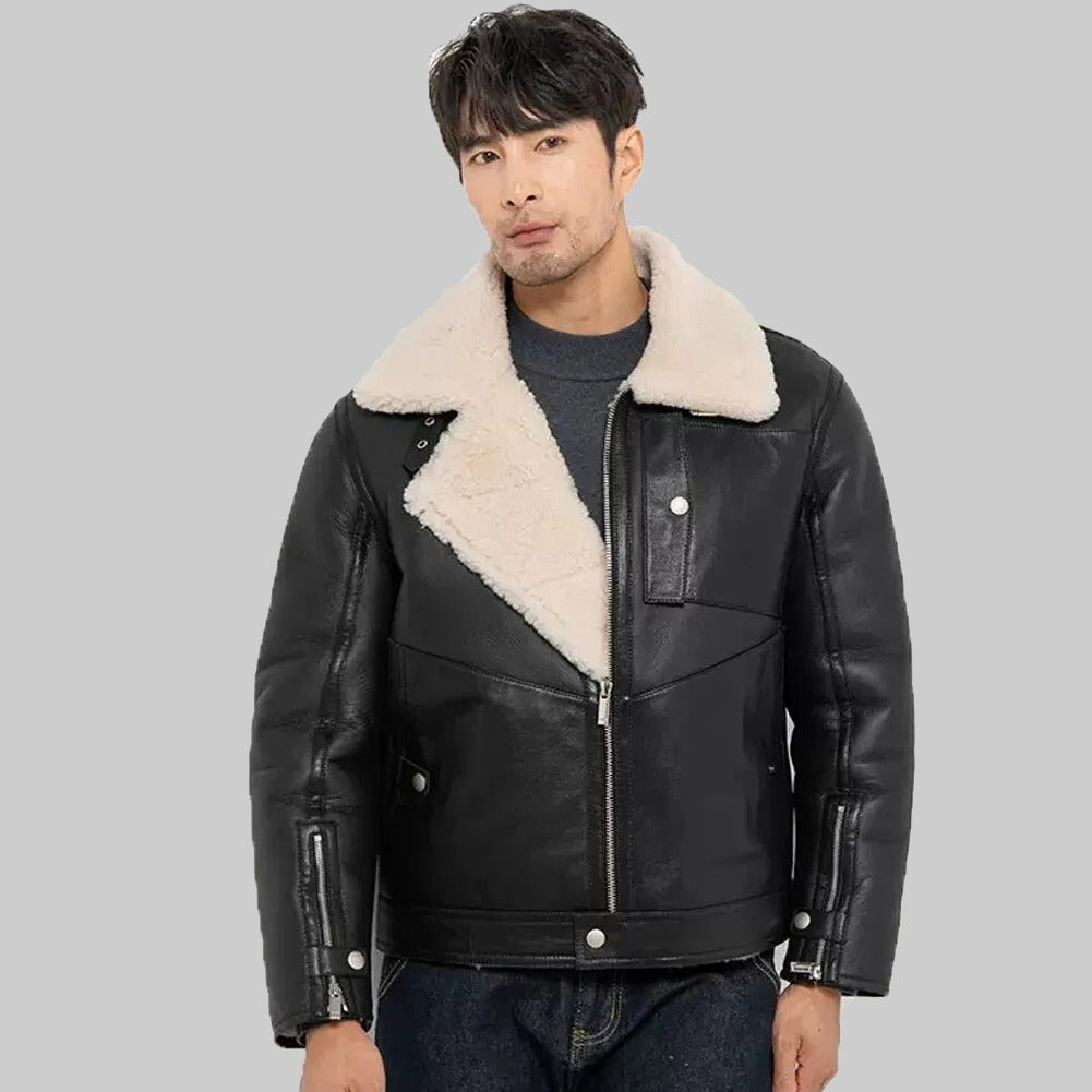Men's Black Aviator Sheepskin Shearling Jacket - Warm Winter Coat