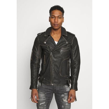 Mens Black Distressed Leather Biker Jacket - Leather Loom