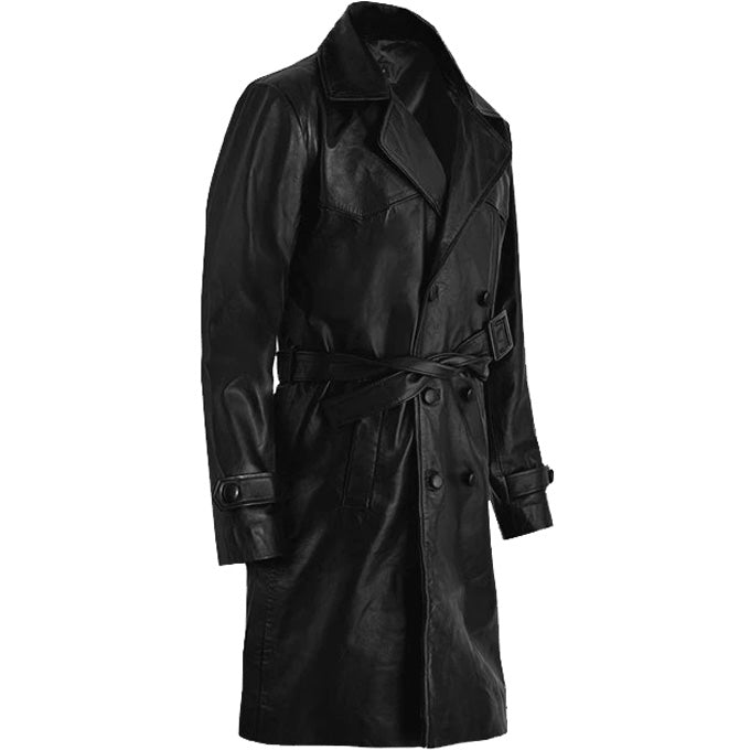 Mens Black Double Brested Leather Trench Coat - Leather Loom