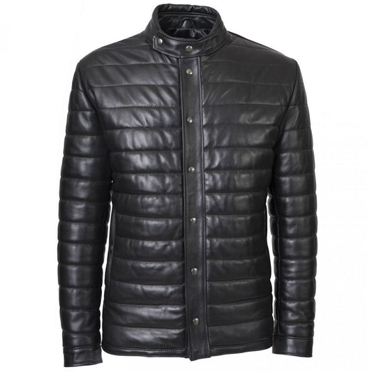 Mens Black Genuine Leather Winter Puffer Jacket - Leather Loom