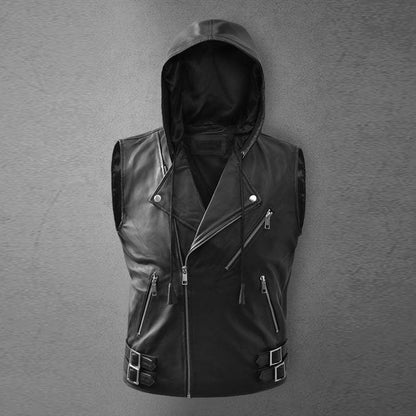 Men's Black Asymmetrical Biker MC Club Leather Hooded Vest - Leather Loom