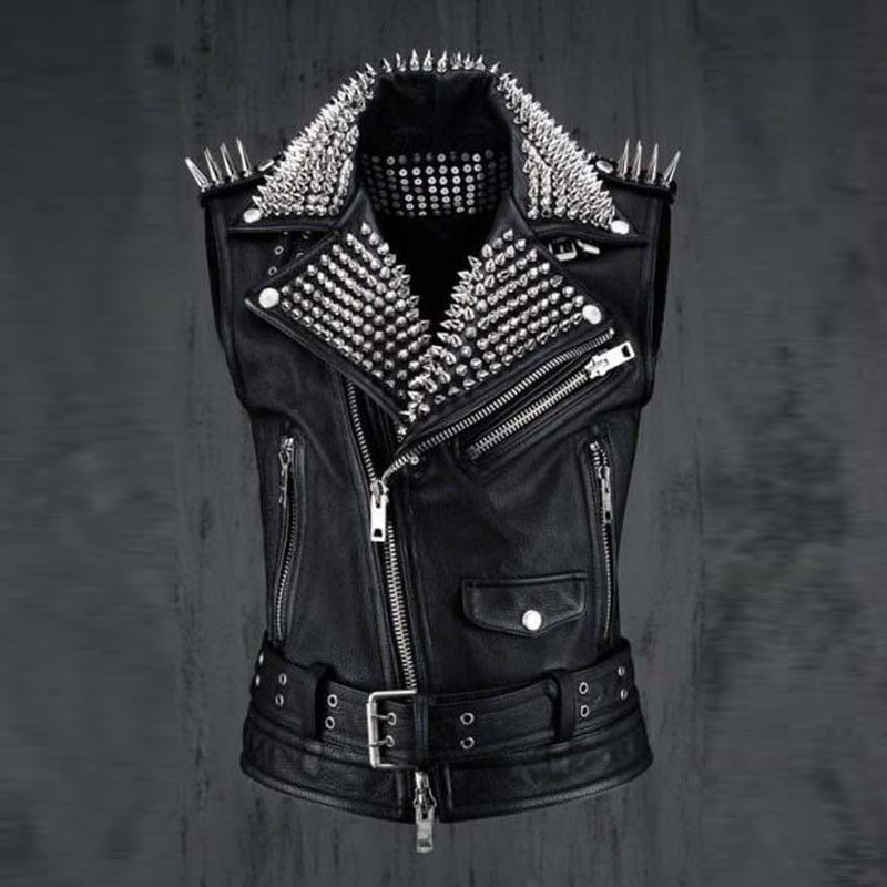 Men's Black Leather Silver Studded Biker Punk Vest - Leather Loom