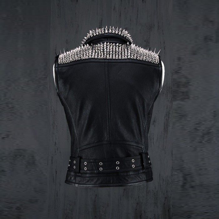Men's Black Leather Silver Studded Biker Punk Vest - Leather Loom