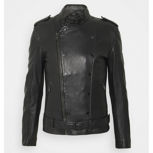 Mens Black Leather Black Zippers Biker Jacket - Leather Loom