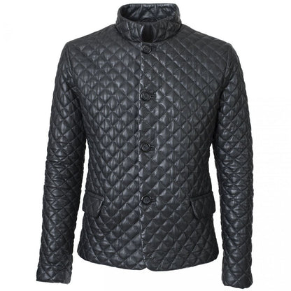 Mens Black Leather Puffer Jacket With Diamond Quilted - Leather Loom