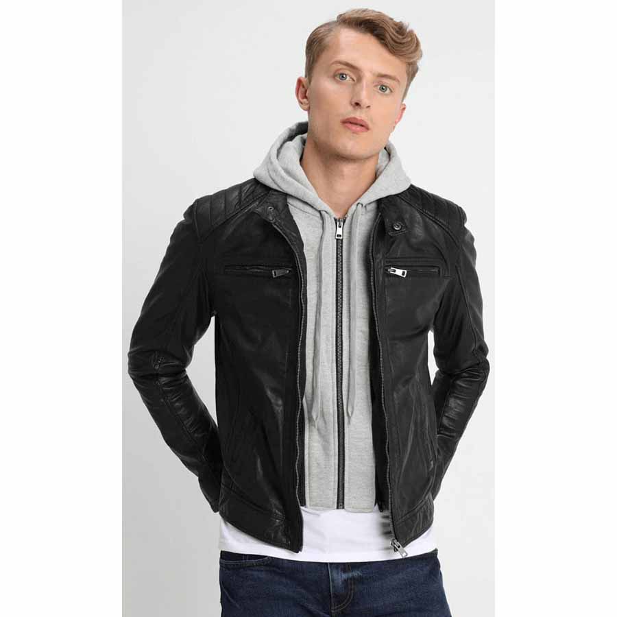 Mens Black Leather Removable Gray Hood Biker Jacket - Leather Loom
