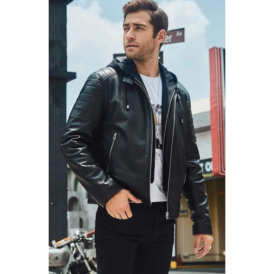 Mens Black Leather Removable Hood Biker Jacket - Leather Loom