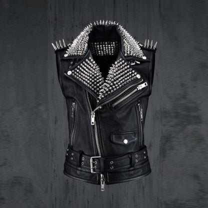 Men's Black Leather Silver Studded Biker Punk Vest - Leather Loom