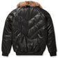 Men's Black Leather V-Bomber Jacket with Crystal Fox Fur - Leather Loom