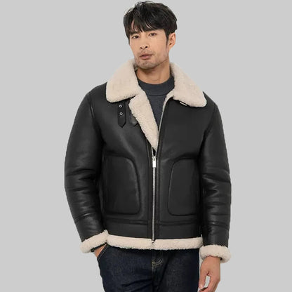 Men's Black Shearling Aviator Jacket - Lapel Collar Leather Jacket - Leather Loom