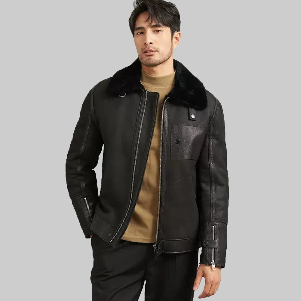 Men's Black Shearling Flight Jacket - Leather Coat - Leather Loom