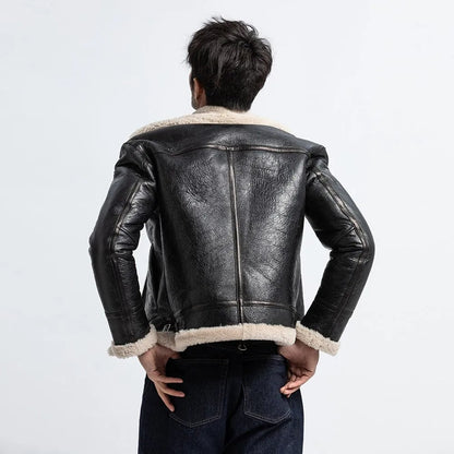 Men's Black Shearling Flight Jacket - Sheepskin Coat - Leather Loom