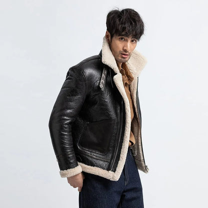 Men's Black Shearling Flight Jacket - Sheepskin Coat - Leather Loom