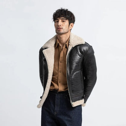 Men's Black Shearling Flight Jacket - Sheepskin Coat - Leather Loom