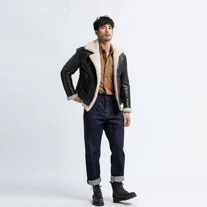 Men's Black Shearling Flight Jacket - Sheepskin Coat - Leather Loom