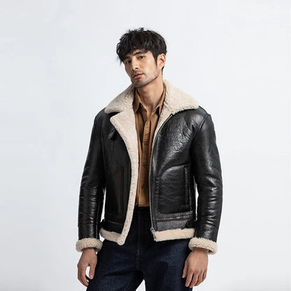 Men's Black Shearling Flight Jacket - Sheepskin Coat - Leather Loom