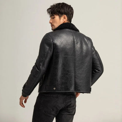 Men's Black Shearling Pilot Sheepskin Leather Jacket - Leather Loom