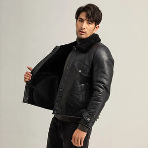 Men's Black Shearling Pilot Sheepskin Leather Jacket - Leather Loom