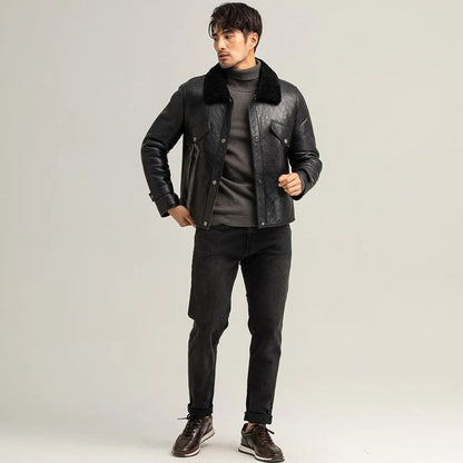 Men's Black Shearling Pilot Sheepskin Leather Jacket - Leather Loom