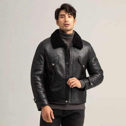 Men's Black Shearling Pilot Sheepskin Leather Jacket - Leather Loom