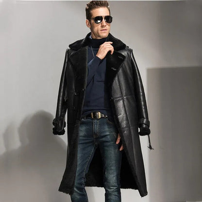 Men's Black Sheepskin Shearling Coat - Long Leather Overcoat - Leather Loom