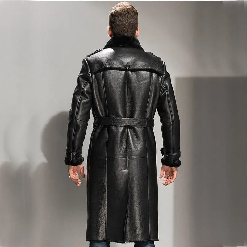 Men's Black Sheepskin Shearling Coat - Long Leather Overcoat - Leather Loom